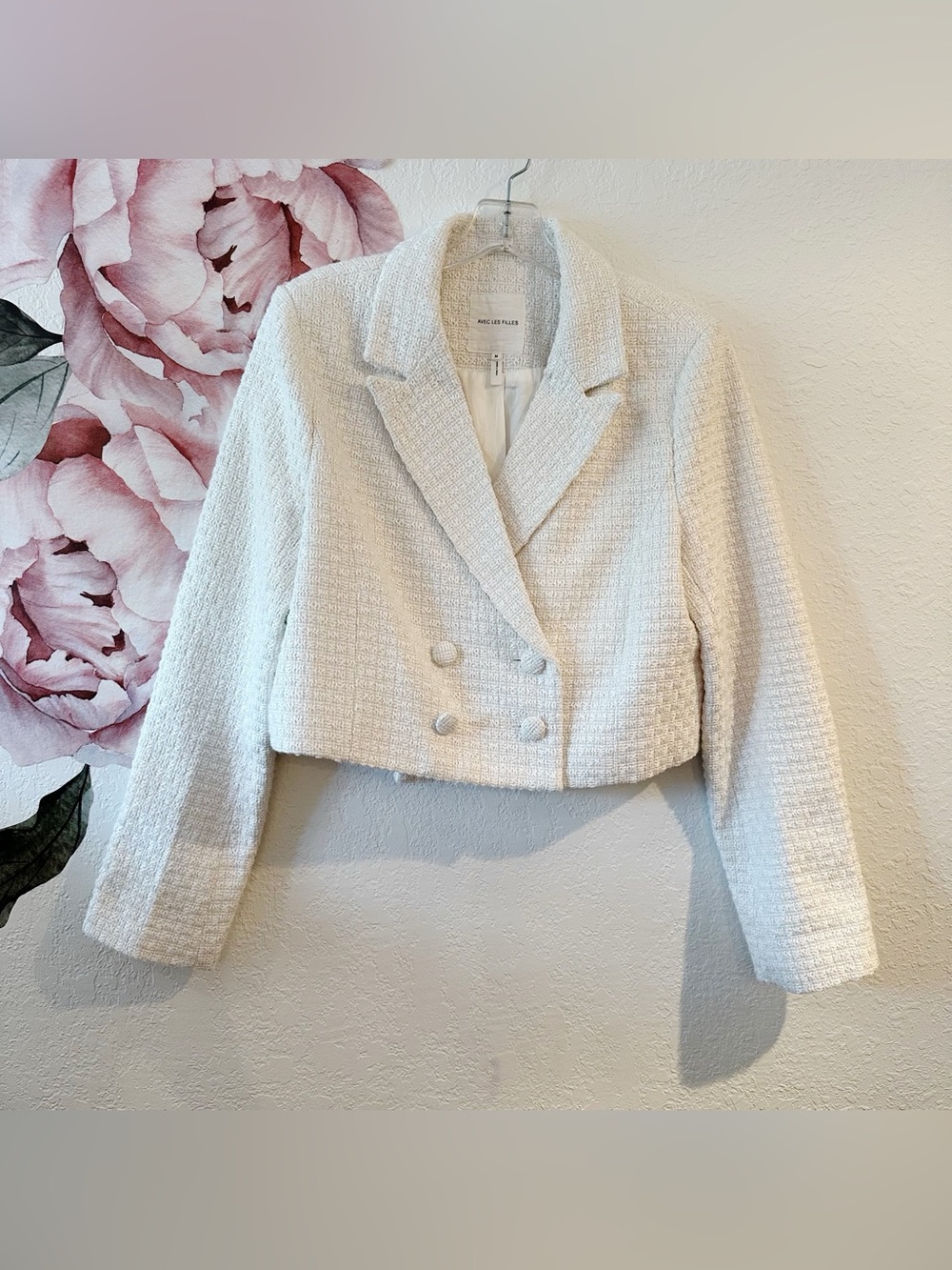 Avec Les Filles Ivory White Boycle Tweet Double Breasted Blazer Medium - Picture 12 of 12